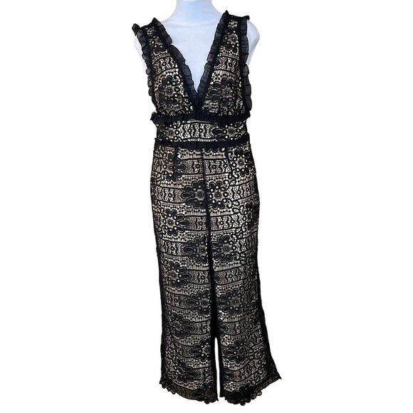 Guess L.A. Solstice Jet Black Crochet Lace Jumpsuit Nude Liner Size 6 NWT - Picture 1 of 10